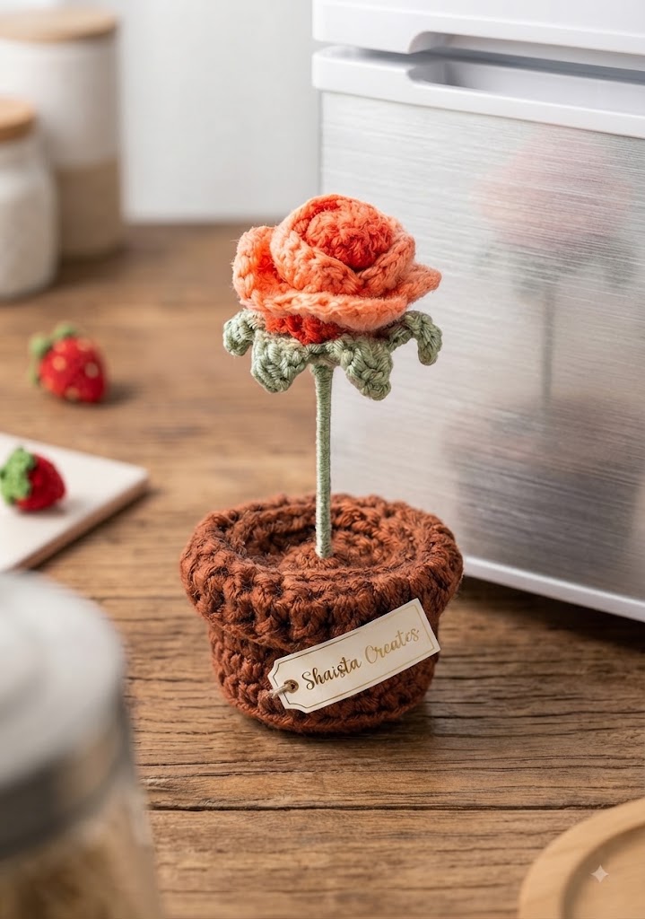 Crochet Rose Flowerpot Fridge Magnet